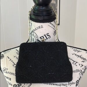 Vintage Handmade Black Beaded Evening Bag Jeweled Kiss Lock Gold Chain